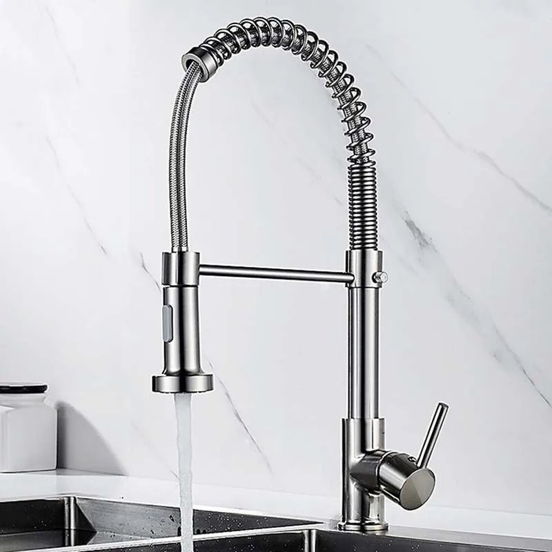 

Brushed Brass Nickel Hot and Cold Kitchen Sink Faucets 360 Rotation Single Lever Pull Out Spring Spout Water Mixers Tap Crane