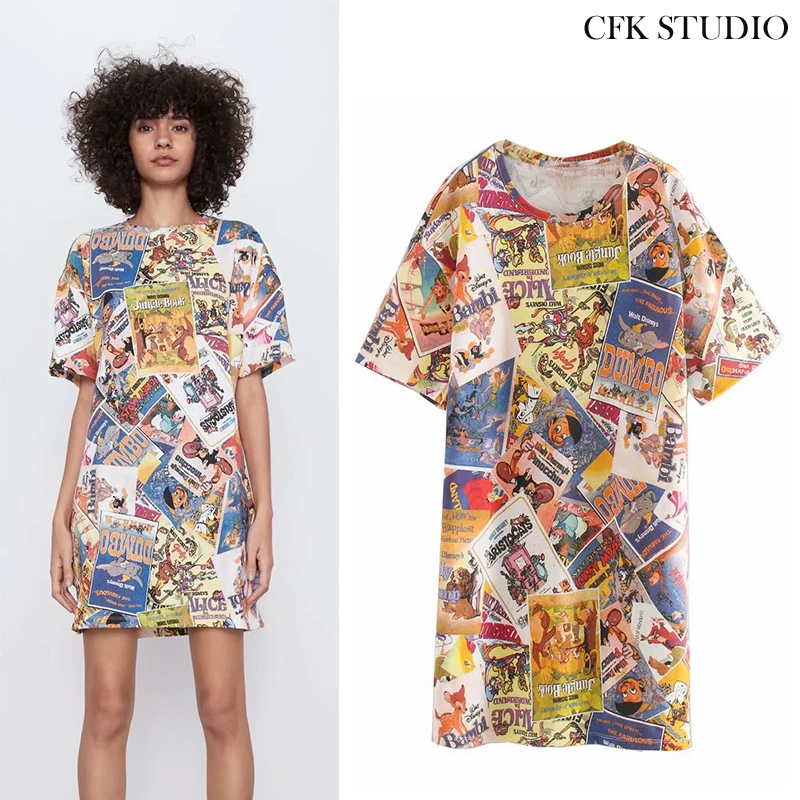 2020 Za женская летняя футболка с круглым вырезом мультяшным принтом короткий рукав