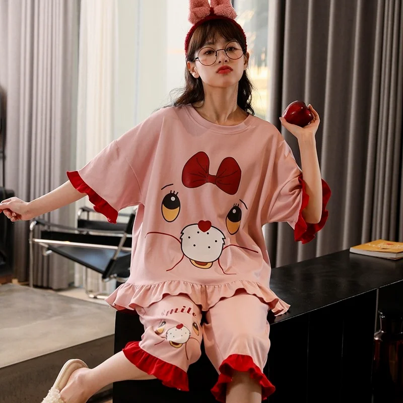 

Spring and Summer New Sweet and Cute Short-sleeved Cropped Trousers Pajamas Korean Casual Female Student Home Service Suit