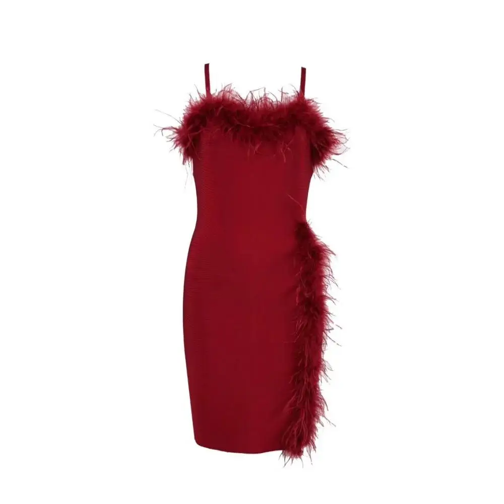 Black Wine Red Dress Elegant Sexy Bandage Dresses Women Feather Strap Club Party Christmas Holiday | Женская одежда