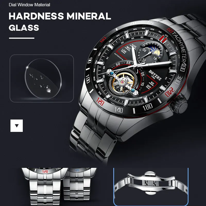 BOYZHE новые автоматические механические часы мужские Tourbillon часы Мужские 316 стальные часы 30 м водонепроницаемые спортивные часы светящиеся