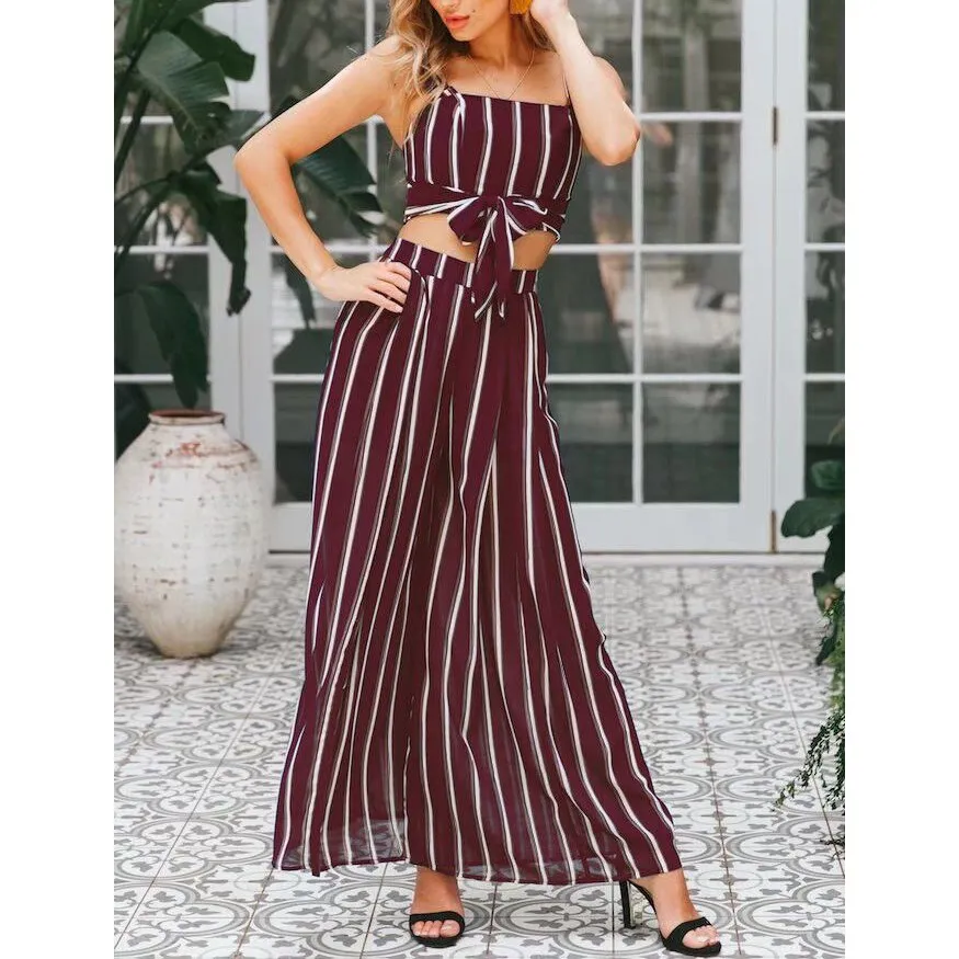 Женский укороченный топ в полоску с широкими штанинами комплект из 2 предметов