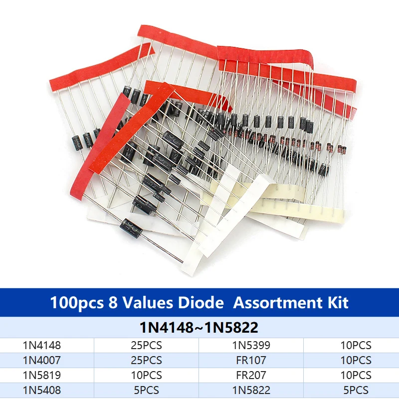 100pcs 8 Value schottky diode Rectifier Diodes kit 1N4148 1N4007 1N5819 1N5399 1N5408 1N5822 FR107 FR207 Fast Switching Diode