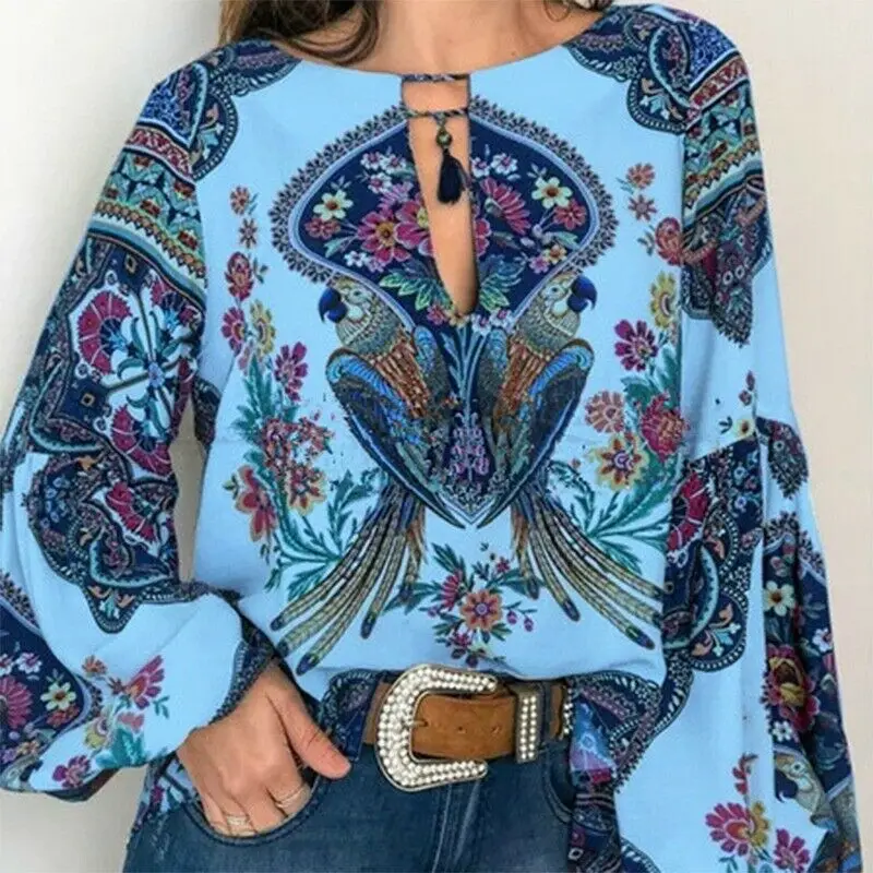 

Women Blouse Autumn Boho Floral V-Neck Long Lantern Sleeve Oversize Ladies Spring Print Loose Shirt Tops Pullover S-3XL