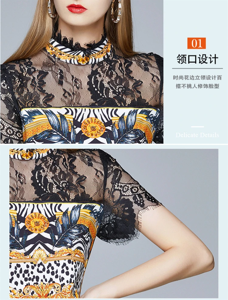 

Summer Woman Dress Fashion Lace Patchwork Printed Dress Women Short Sleeve Slim Dresses For Women Vintage Women Clothes SL578