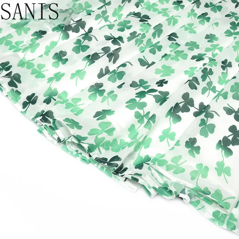 

Sanis Fashion Designer dress Summer Women's Dress Long sleeve Green Floral print Chiffon Vacation Midi Dress
