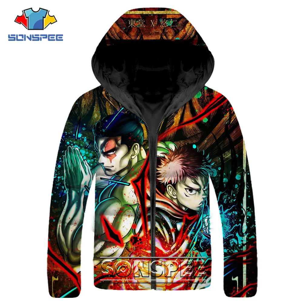 

SONSPEE Jujutsu Kaisen Parkas Anime Itadori Yuji Printed Casual Hip Hop Streetwear Winter Thicken Keep Warm Hooded Jacket Coat