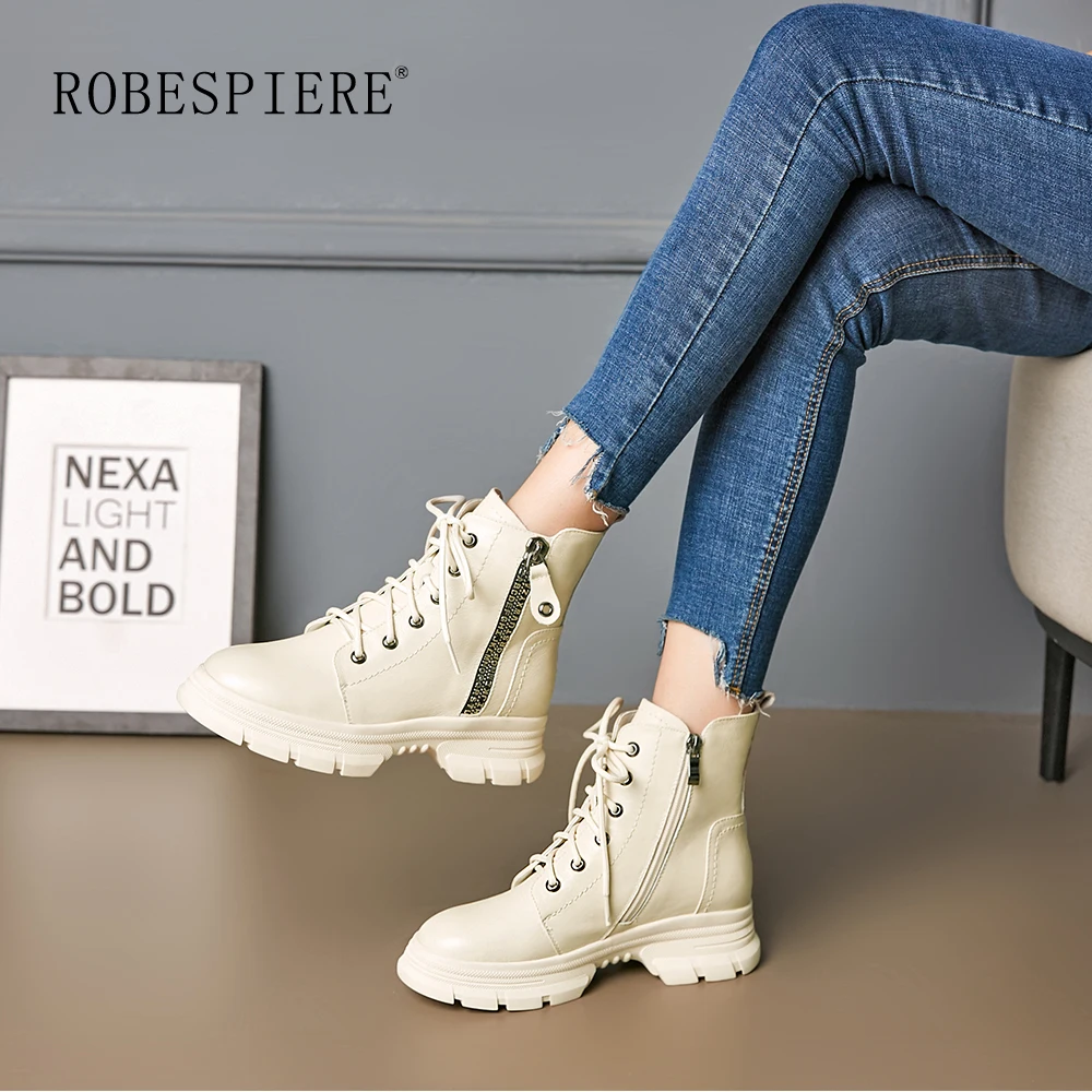 ROBESPIERE повседневные зимние ботинки на платформе; женские теплые плюшевые ботильоны на шнуровке и молнии; обувь из натуральной кожи наивысшего качества; B48