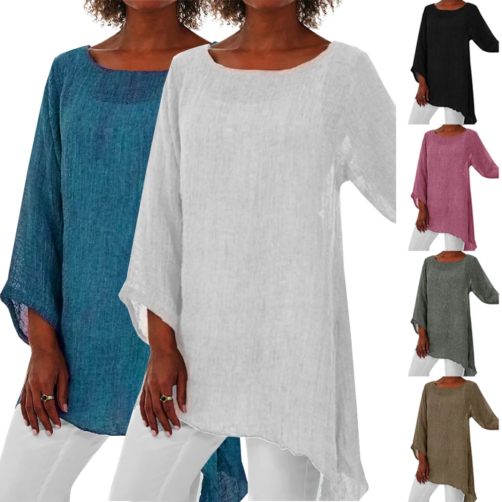 

Summer Autumn Women Shirts Solid Color O Neck Long Sleeves Irregular Hem Plus Size 5XL Tops Casual Long Loose Top Woman Clothes