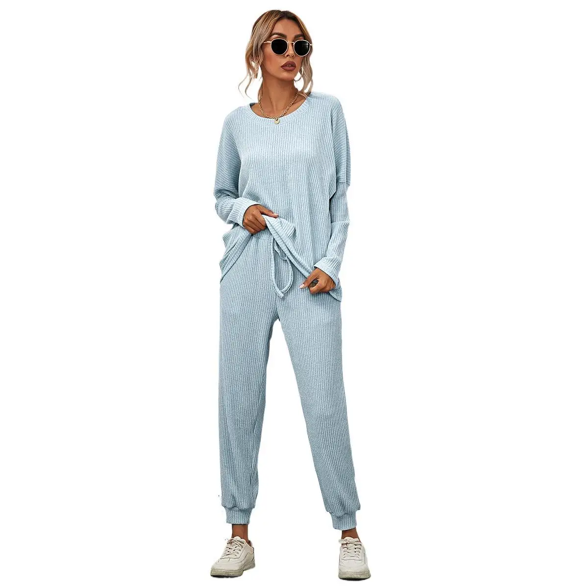 

2020 Autumn and Winter New European and American Solid Color Long Sleeve Loose Leisure Suit Homewear Pajamas for Women