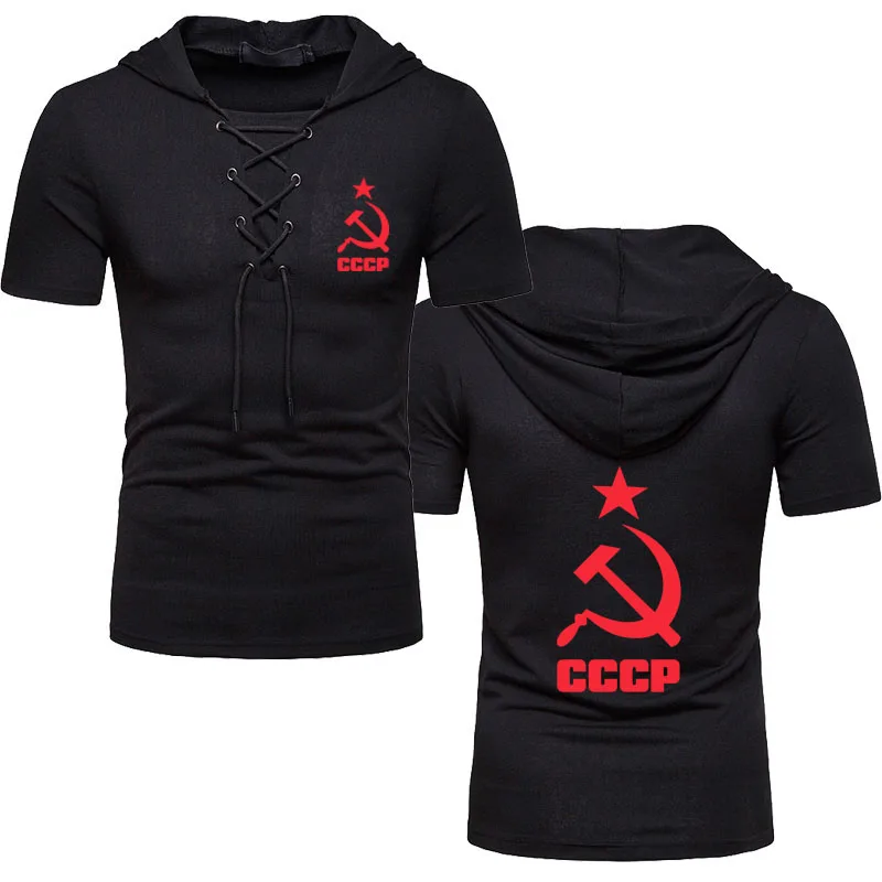 

Мужская летняя футболка с коротким рукавом и капюшоном, из хлопка