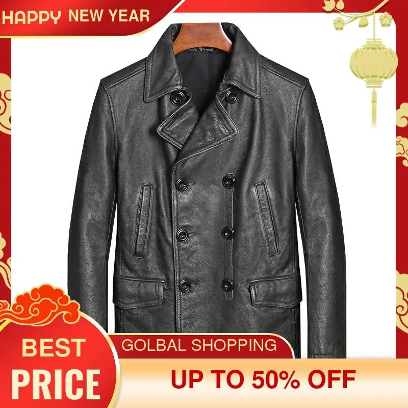 

2021 Vintage Black Long Casual Style Leather Jacket Men Plus Size 5XL Genuine Cowhide Autumn Double Breasted Natural Pea Coat