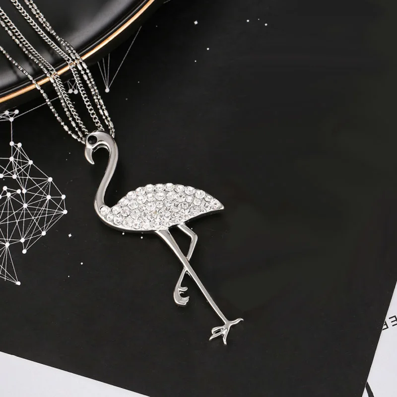 silver Ожерелье из розового золота для женщин, ювелирные украшения из хрусталя и циркония, Очаровательное ожерелье s& колье-чокер, подвески с фламинго, подарок для девушек - Окраска металла: silver