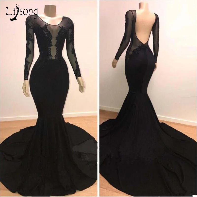 

Real Image Satin Mermaid Evening Formal Dresses Long 2019 Lace Appliques Long Sleeves Party Gowns Dubai Sexy Open Back Prom Gown