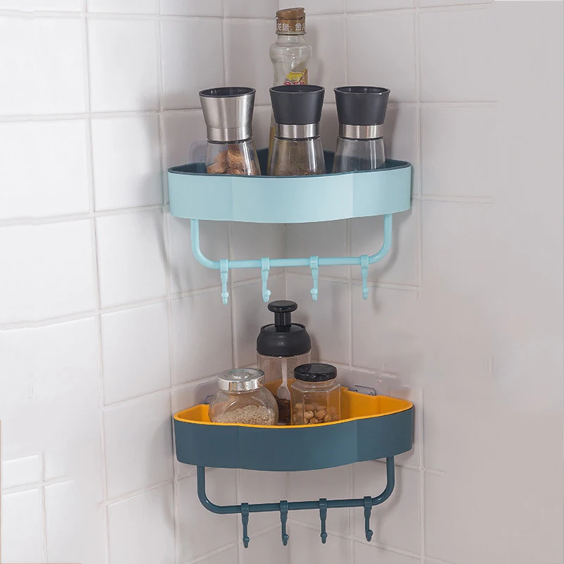 

Corner Bathroom Shelf With Hooks Bathroom Accessories Shampoo Shower Frame Kitchen Accessories Wall-Mounted Storage Storage