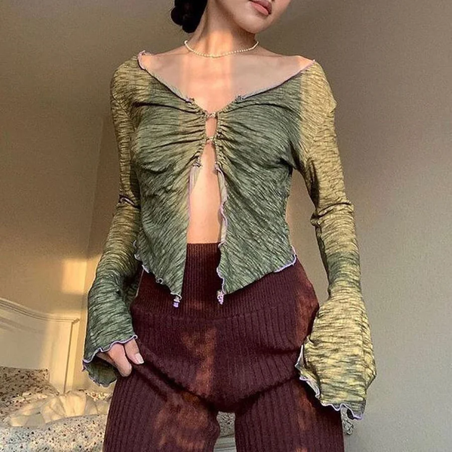 

2021 Summer Y2K Top Fairy Grunge V-neck Flare Sleeve Ruched Slit Crop Tops 90s Aesthetics Button Green T-shirts Sexy Tee Vintage