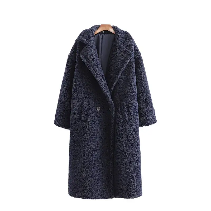 

Осенне-зимнее женское темно-синее пальто плюшевое Стильное женское плотное теплое кашемировое пальто повседневная Уличная одежда для девушек