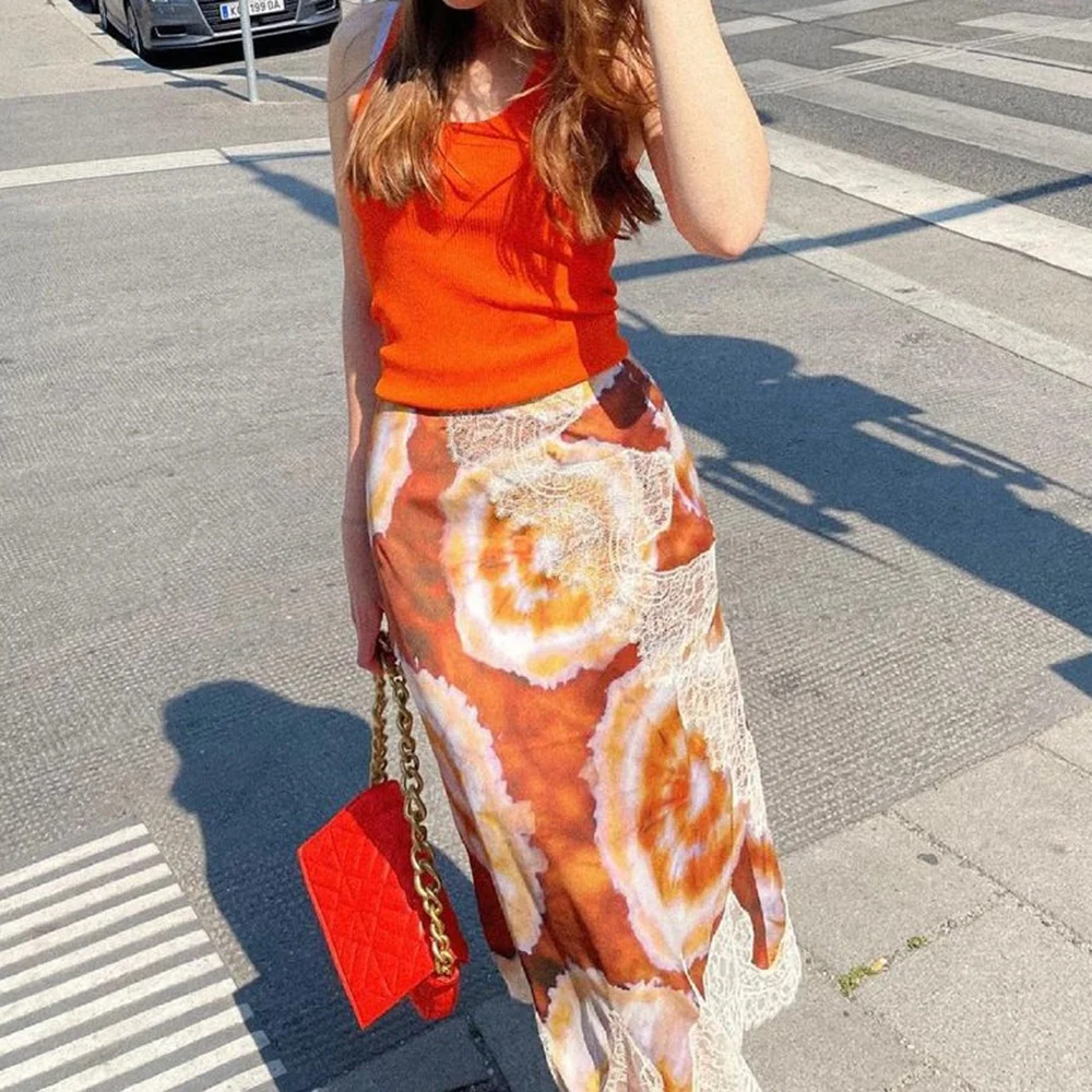 

XEASY 2021 New Summer Bohemia Women Vintage Casual Print Skirt Female Fashion Slim Lace Stitching Hight Waist Long Skist