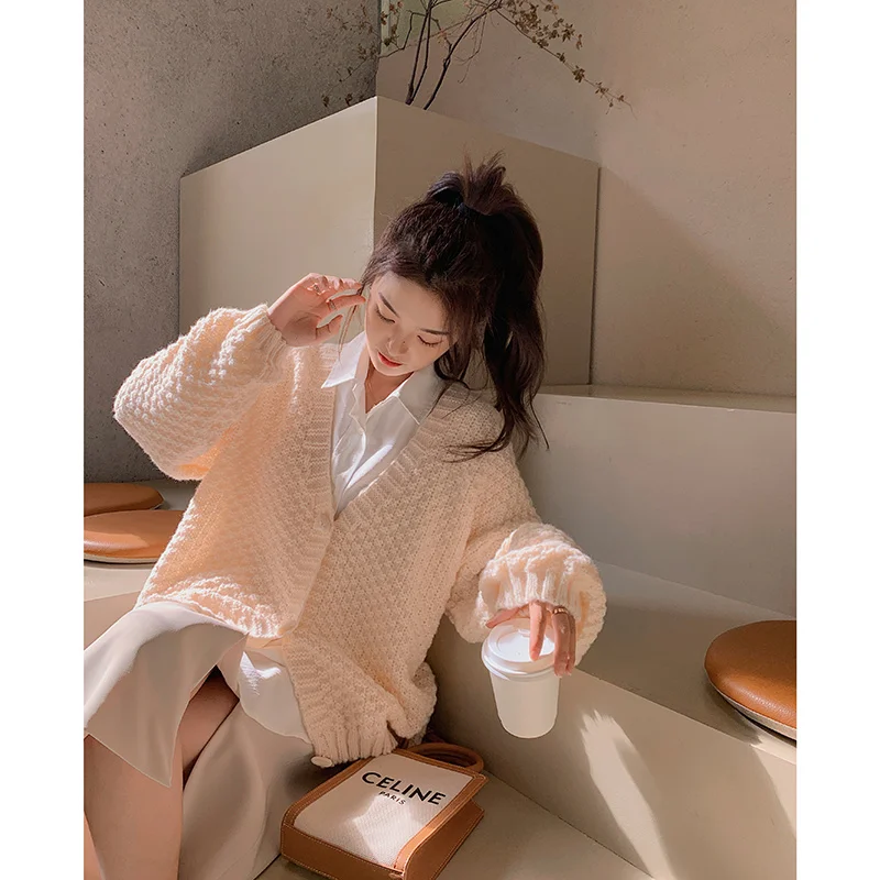 Вязаный кардиган Женский мягкий восковой свитер вязаный свободный фасон на