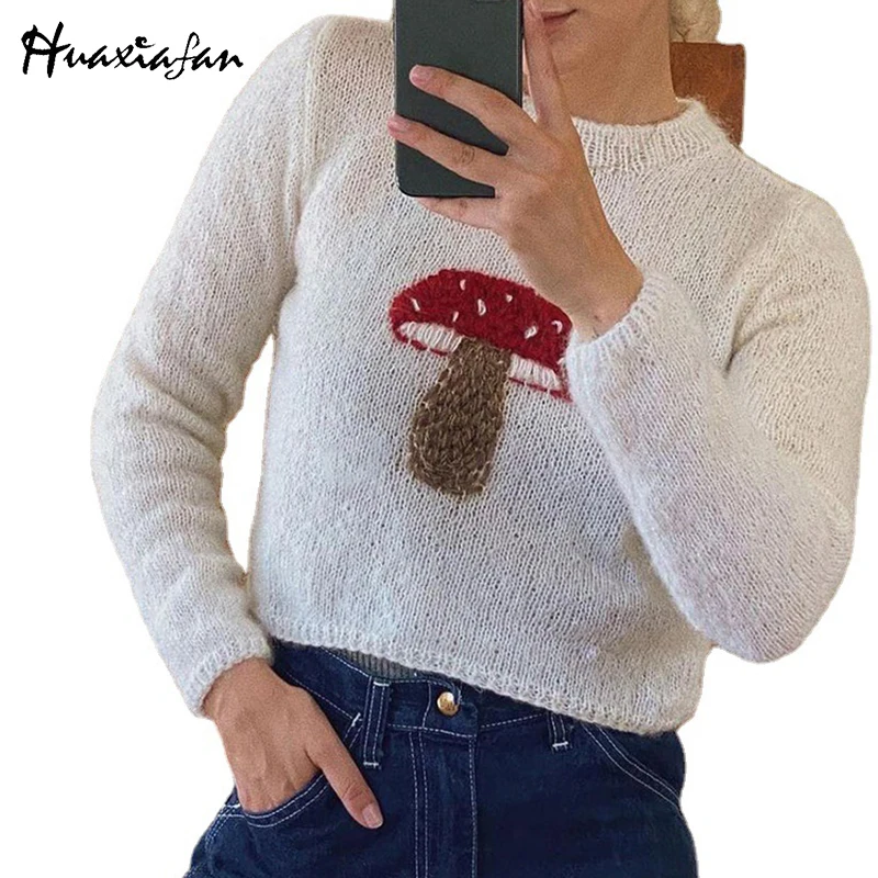 

Huaxiafan Mushroom Pattern Embroidery Knitted Sweaters Women Autumn Crop Tops Ladies Casual Streetwear Pullovers Female 2021 New