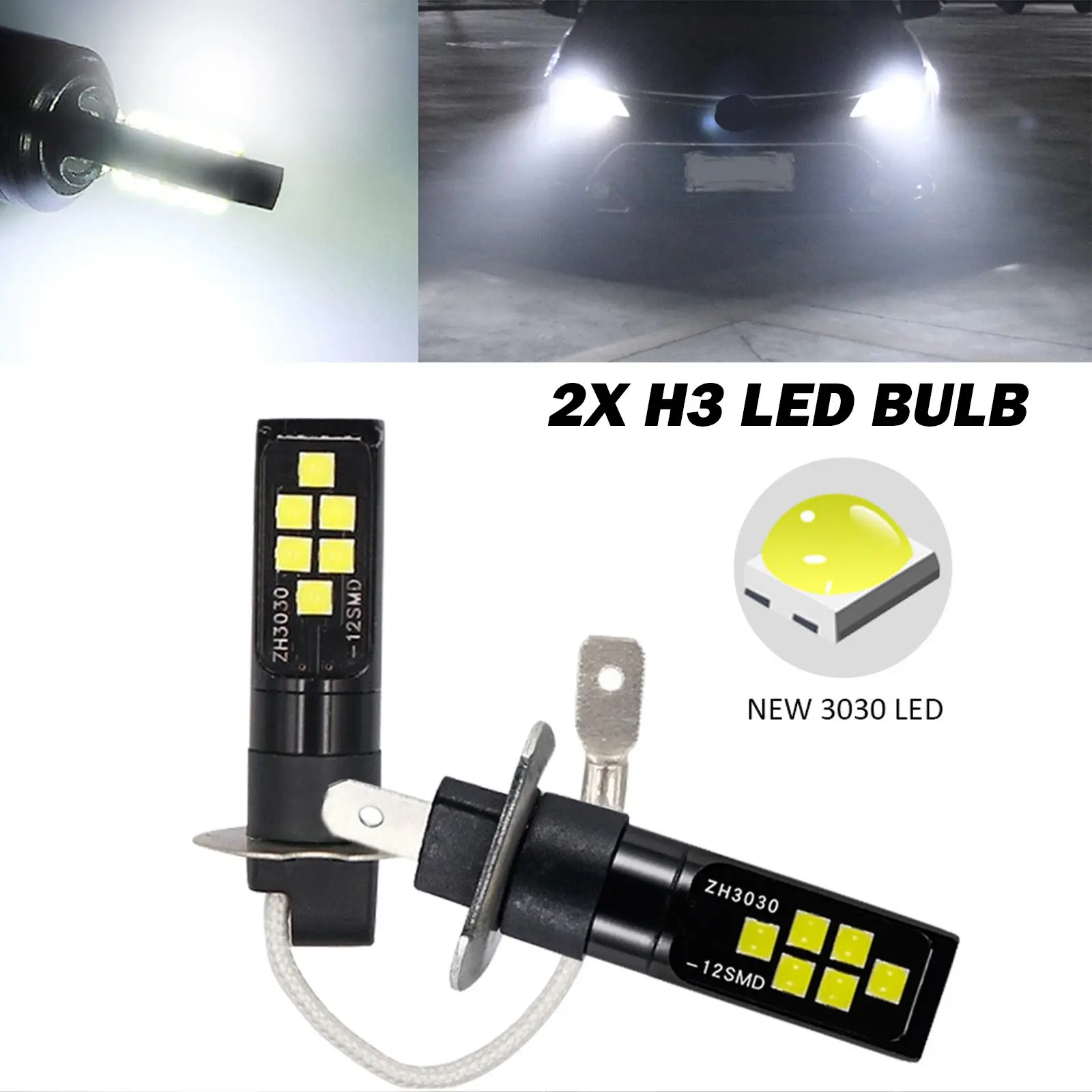 

2x H3 LED Bulb 3030 SMD 6000K White Car Fog Light High Bright DRL Driving Lamp Auto Fog Lamp Day Running Light DC 12V