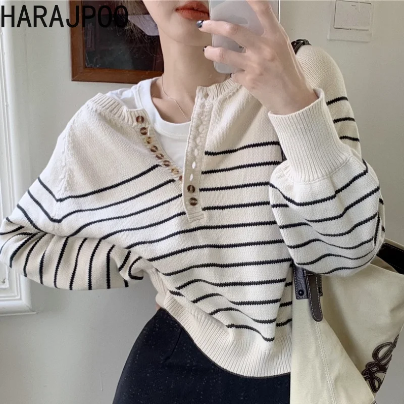 Женские пуловеры Harajpoo в французском ленивом стиле свитер полоску с длинным