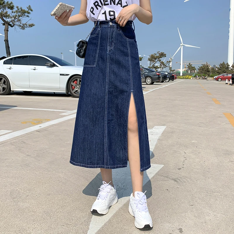 

Женская джинсовая юбка с высокой талией, летняя тонкая универсальная трапециевидная юбка средней длины с разрезом