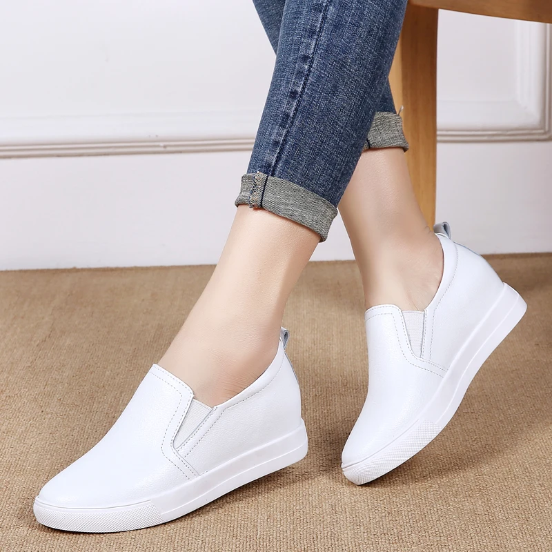 

Simple Solid Color Women Shoes Luxury White Black Ladies Leather Casual Shoes Soft Bottom Invisible High Heel 2Cm Shoes Women