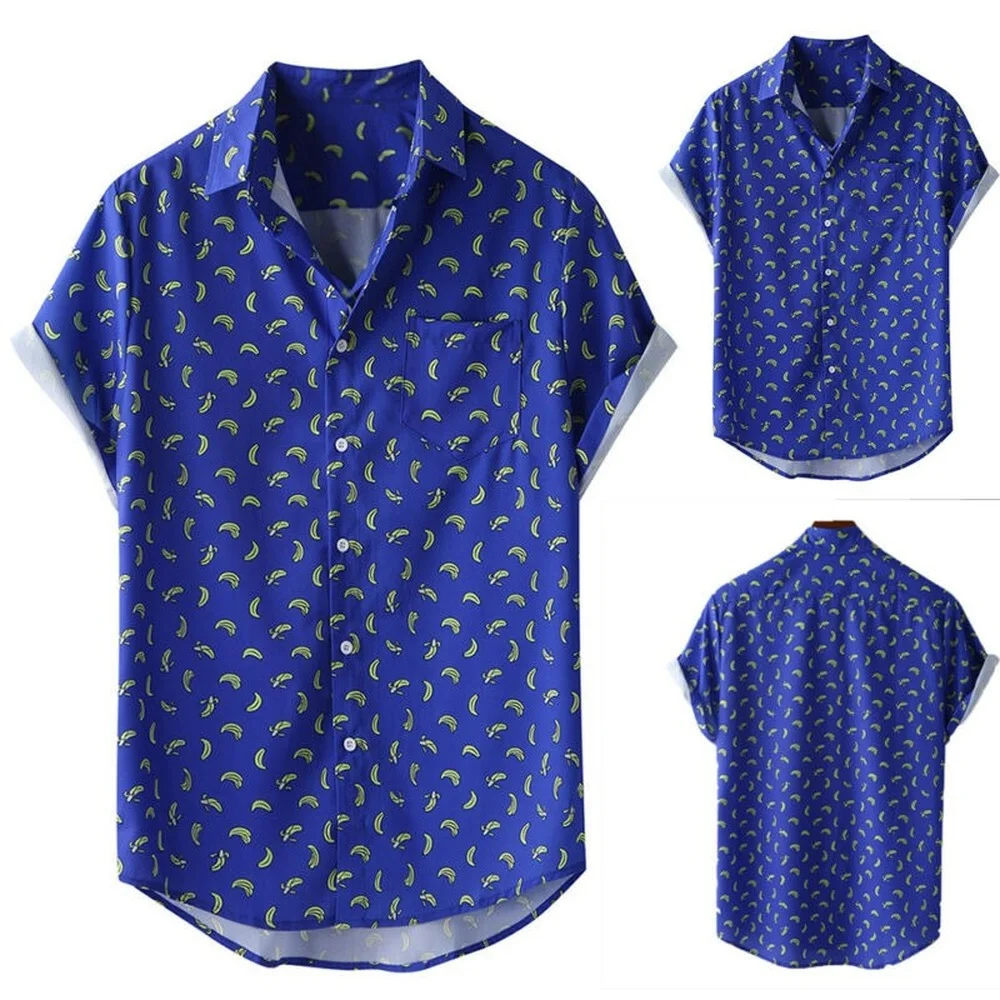 

Mens Short Sleeve Banana Print Shirt Hawaiian Palm Check Summer Relaxed Fit Tops