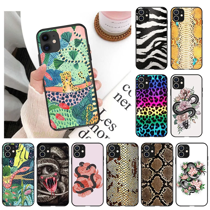 Soft TPU Black Matte Silicone Phone Case For iPhone 13 12 11 Pro Max XSMax 7 8 6s Plus SE2020 X XS XR Snake Scales Flower Cover