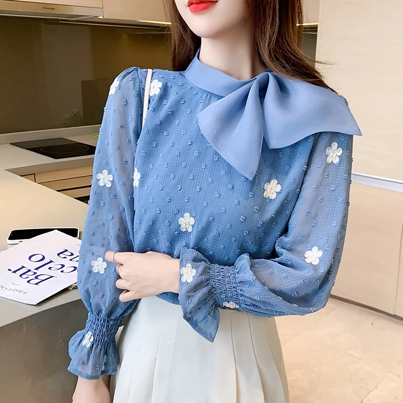 Блузка женская с длинным рукавом шифоновая рубашка цветочной вышивкой и бантом в