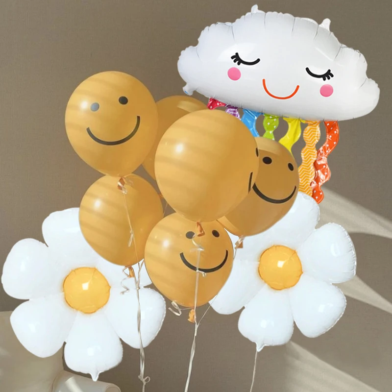9Pcs Rainbow Sunflower Clouds Foil Balloons 12Inch Yellow Smiley Latex Ballon Set Baby Shower Wedding Birthday Party Decorations | Дом и сад