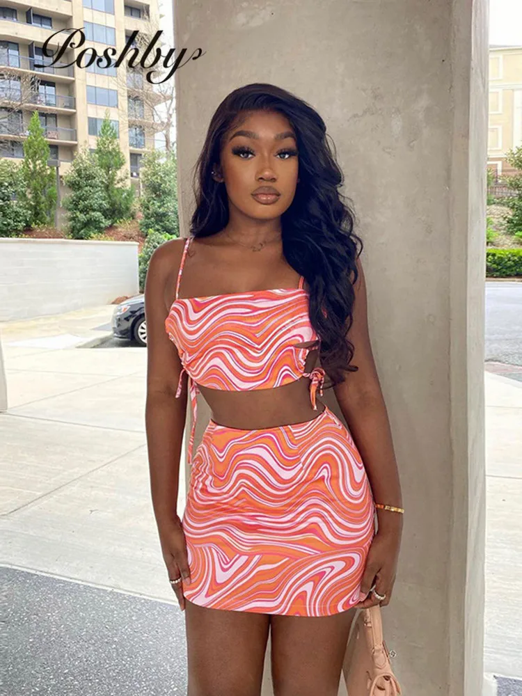 

Poshby Summer Women Stripe Print Lace Up Crop Top and High Waist Skinny Mini Skirt 2 Piece Set 2021 Sexy Party Club Outfits
