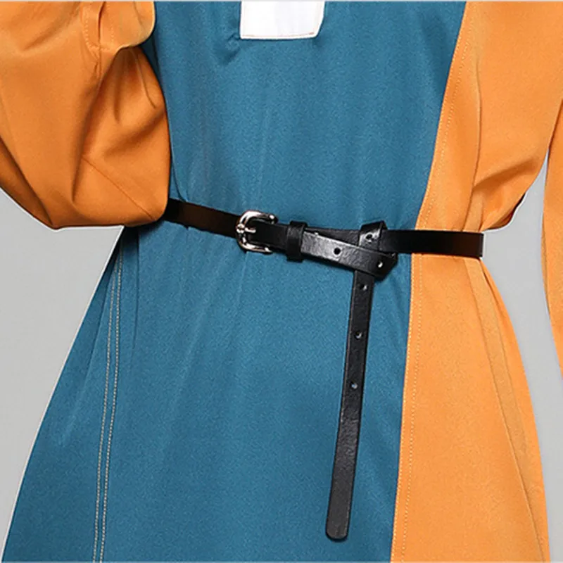

2021 Spring Elegant Color Block Patchwork Midi Dress Robe Female New Lapel Solid Batwing Sleeve Loose Shirt Dress With Belt