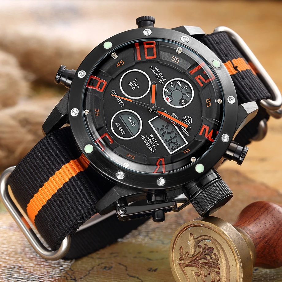 Luxury Top Brand Men Military Sports Watches Quartz LED Digital Hour Clock Male Nylon Strap Wristwatch Relogio Masculino | Наручные часы