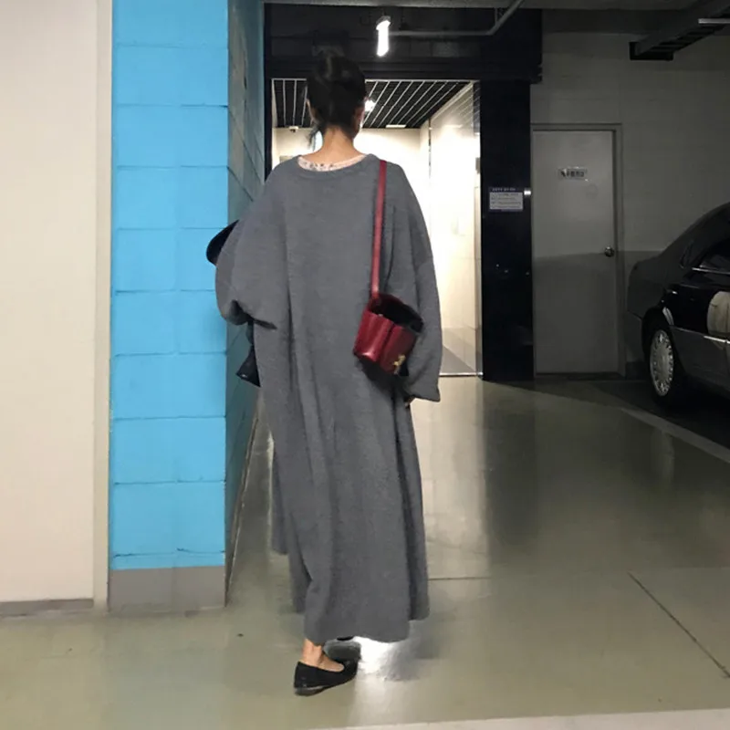 

Johnature New Korean Plus Size Knitting Women Dresses 2021 Autumn Winter Solid Color Loose O-neck Female Dress