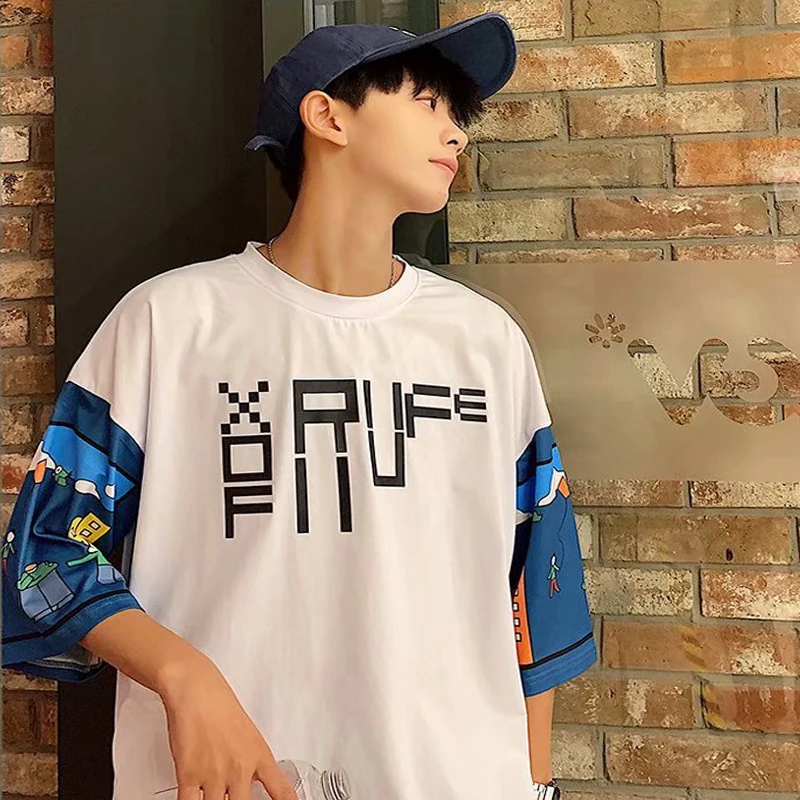 

2021 Hip Hop Patchwork funny print T shirts men half slevees Korean version Vintage clothes casual Harajuku All-match streetwear