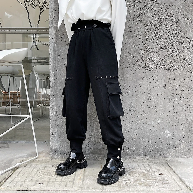

Pant for Men Black Big Pocket Rivet Elastic Waist Streetwear Fashion Hip Hop Loose Casual Cargo Pant Women Harem Trousers