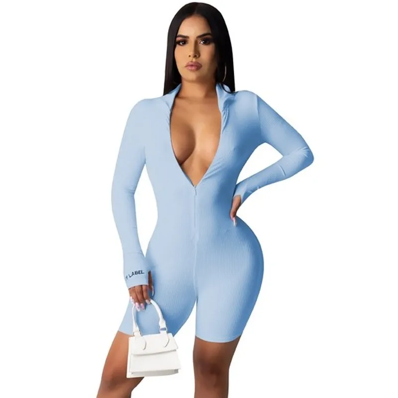 

Осенний Облегающий комбинезон, женская одежда, короткий комбинезон на молнии спереди с V-образным вырезом и длинным рукавом, однотонный черный облегающий сексуальный цельный наряд