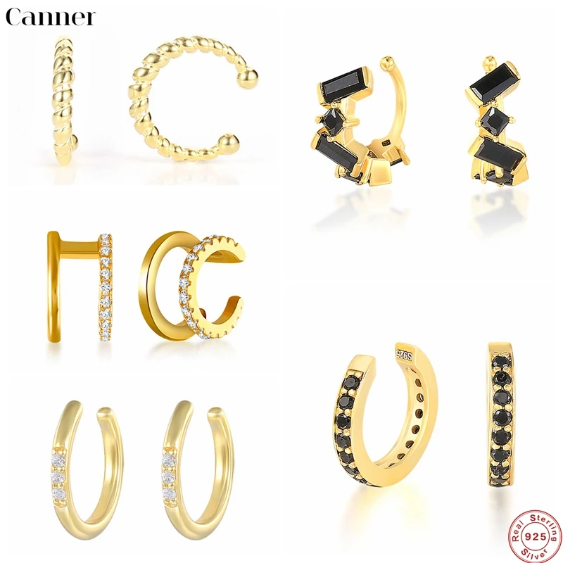 

Canner 925 Sterling Silver Earrings For Women Black CZ Clip On Earrings Cartilage Climber No Piercing Korean Earrings earcuff W5