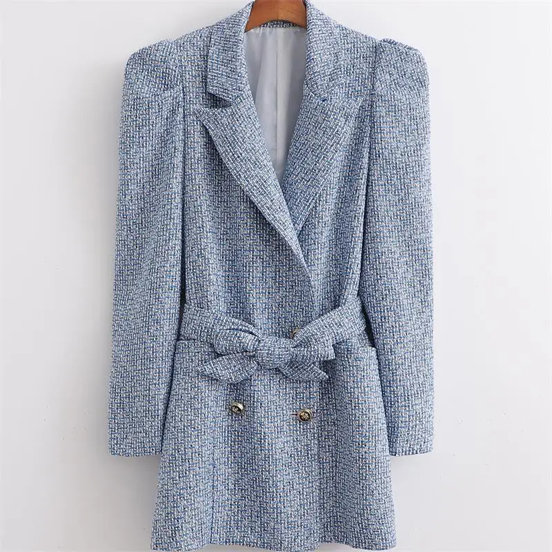 

MESTTRAF Women 2021 Fashion Tweed Double Breasted Blazer Retro Long Sleeve Pocket With Belt Outerwear Streetwear