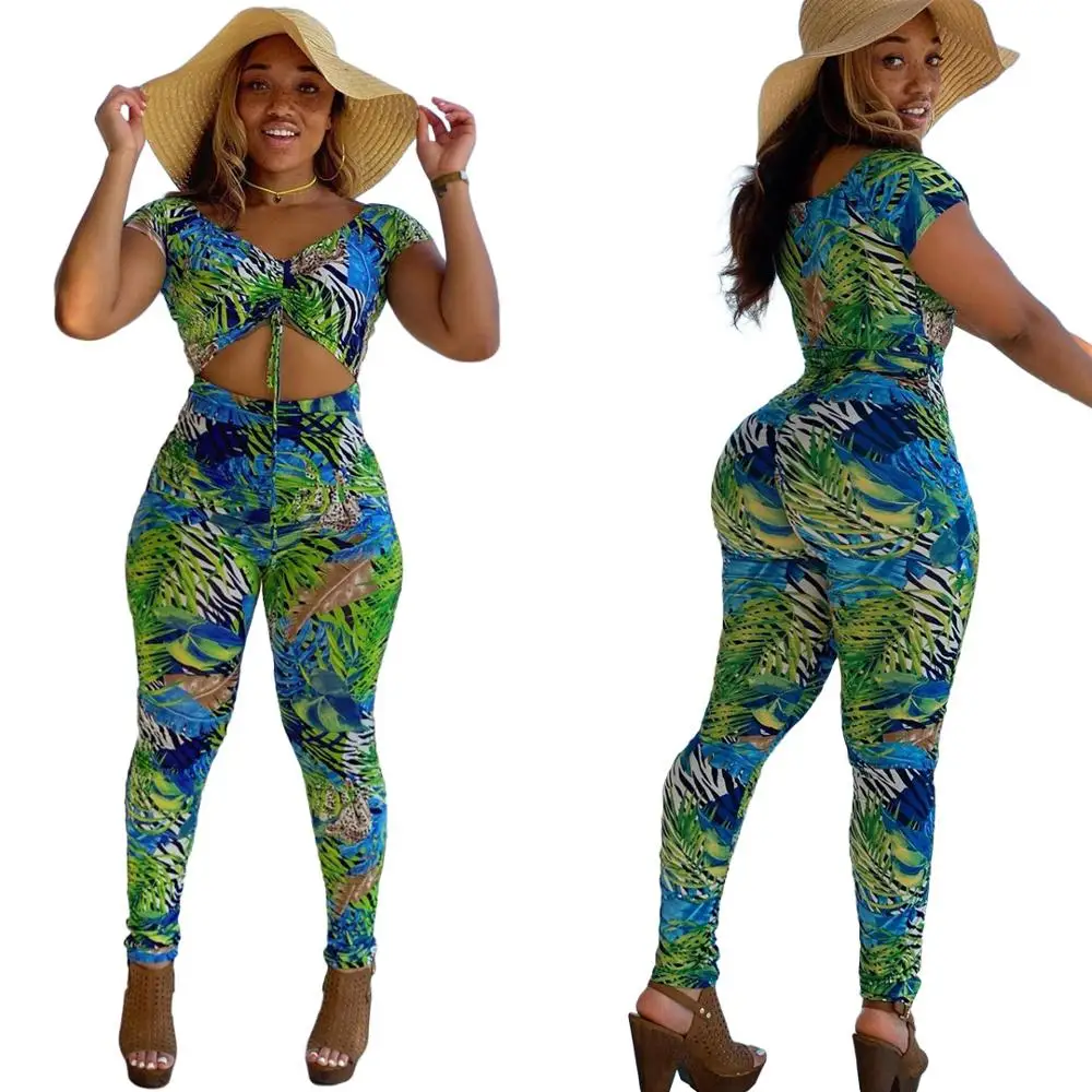 

Sexy Holiday Beach Wear Multicolor Digital Printed Two Piece Sets Women Casual V-Neck Lace-Up Crop Tops Bodycon Pants Sets