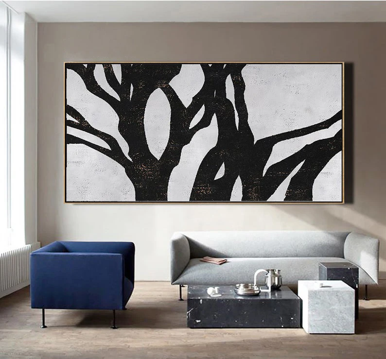

Horizontal Abstract Tree Painting Large Abstract Tree Art Original Artwork Canvas Painting Black White Home Decor Canvas Art