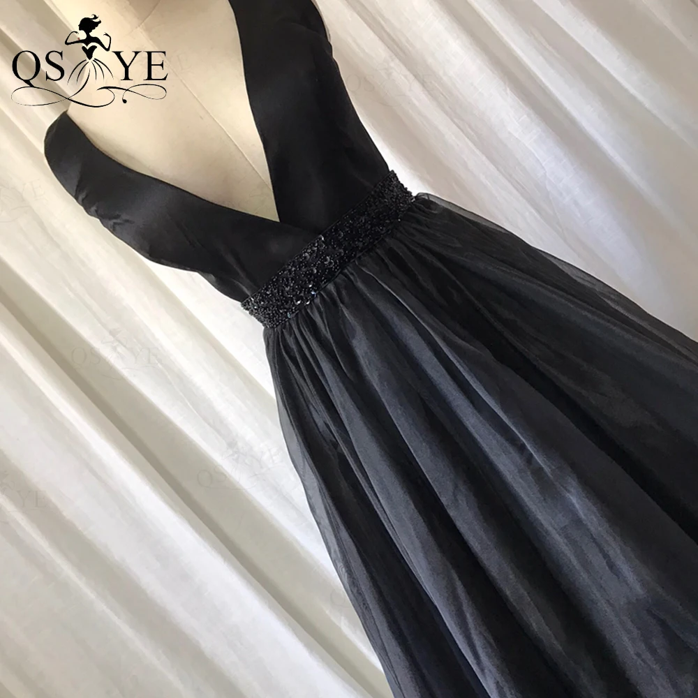 

QSYYE Broken Size Clearance Black Satin Tulle Prom Dress A Line Simple Evening Dress Crystal Stone Belt Party Formal Dress
