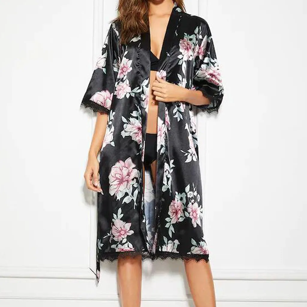 Шелковый Атласный халат Женская кружевная пижама с принтом ночная рубашка