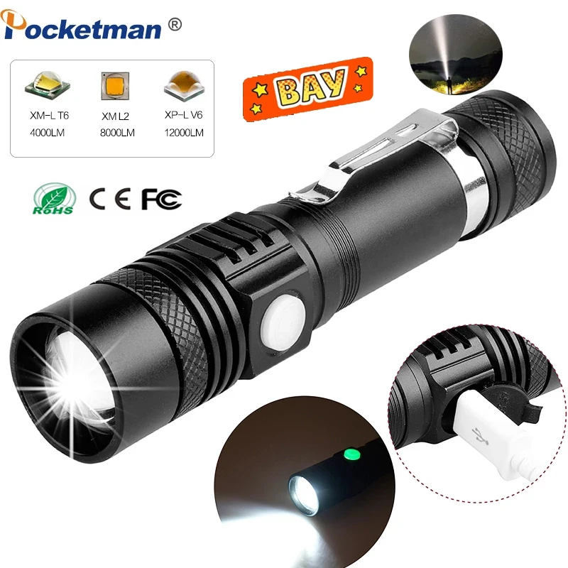 

80000LM Portable Led Flashlight USB Linterna Led torch T6/L2/V6 Power Tips Camping Zoomable Hand Light Bicycle LED Flashlights