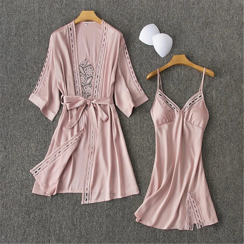 

Fiklyc underwear hollow out sexy women's robe & gown sets summer spring sexy two pieces pyjamas sets sleep wear satin / lace NEW