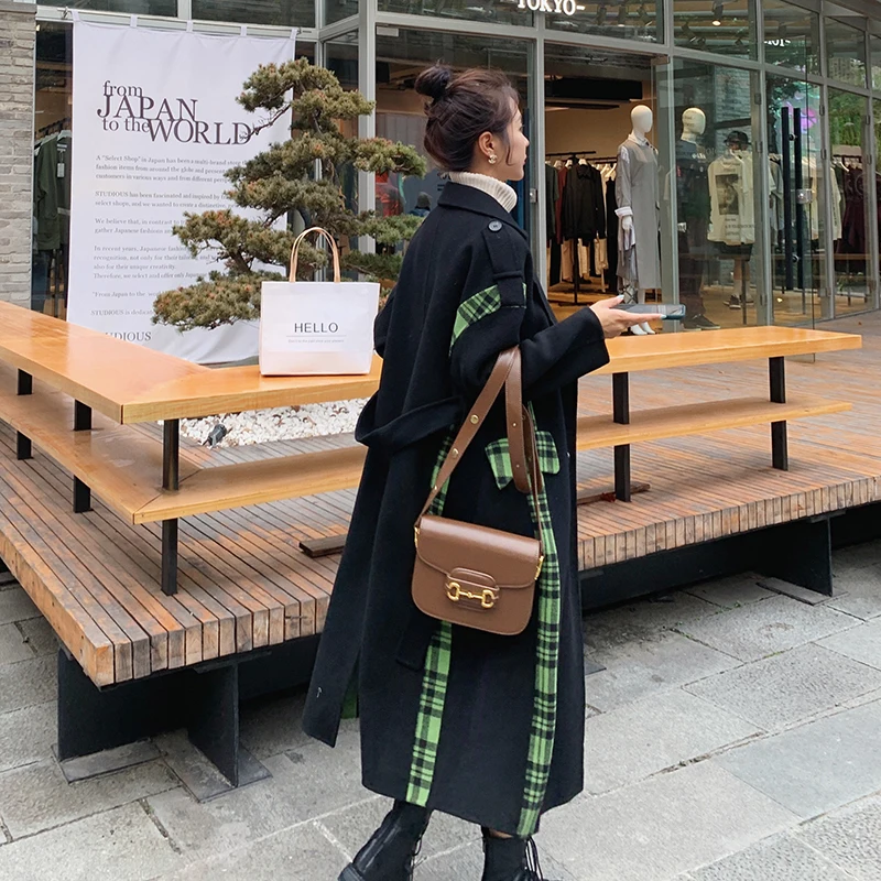 

Loose Casual Thickened Warm Wool Woolen Coat New Female Jacket 2021 Autumn Winter Stitching Plaid Mid-Length Knee-High