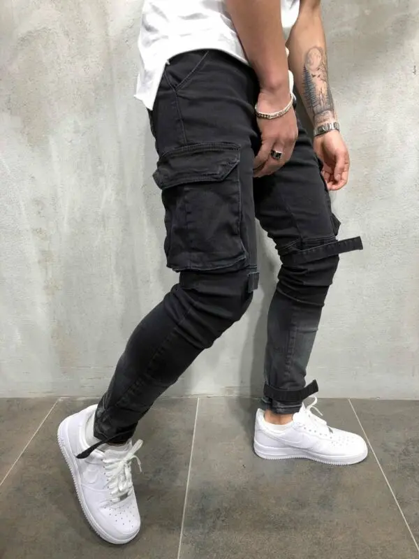 

Mens black Fit Slim Cargo Pants Urban Straight Leg Trousers Pencil Jogger Jeans Casual Pantalon Homme