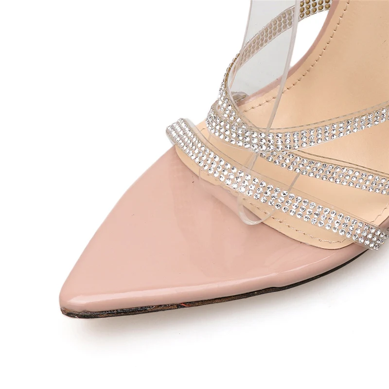 Женские блестящие сандалии на высоком каблуке 12 см с перекрестным носком